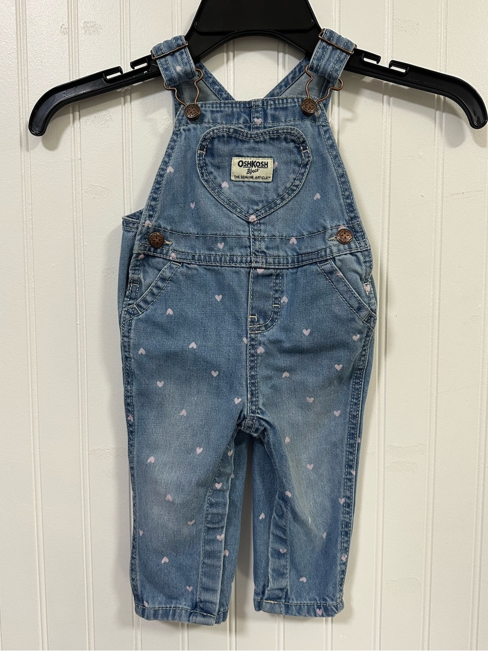 OshKosh 9mo Denim Heart Print Overalls Light Blue with Pink Hearts Heart Pocket